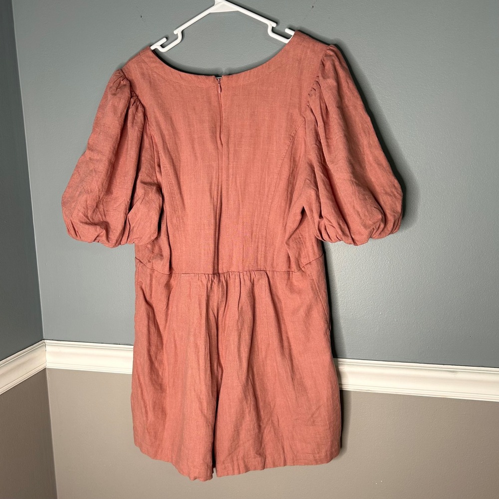 Express Womens XL Rose Pink Linen Blend Puff Sleeve V-Neck Romper Jumpsuit - Picture 5 of 9